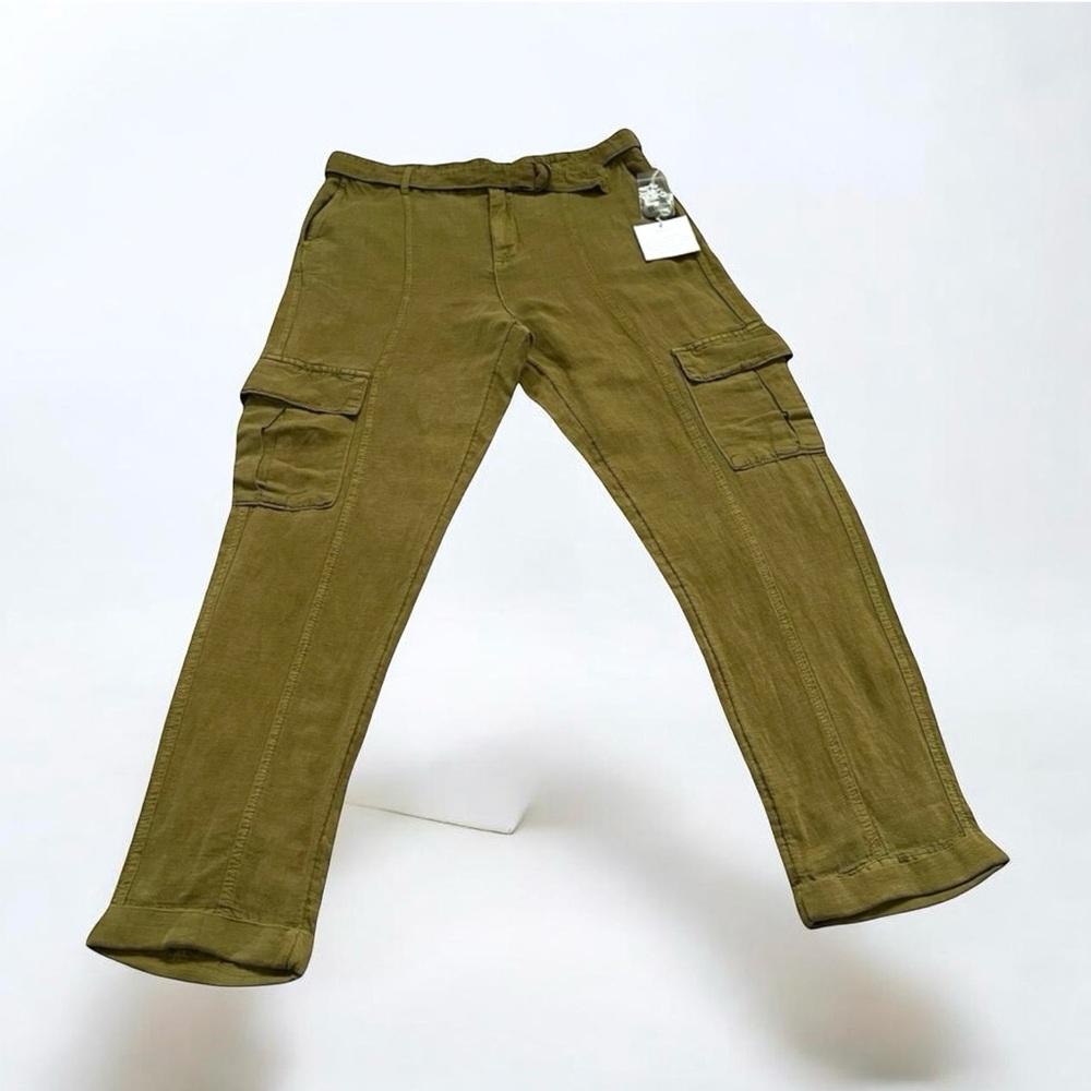 Nicole Miller Linen Blend Cargo‎ Style Pants Belted Pockets Cuffed Olive Size M